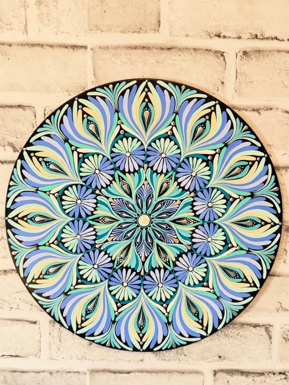 Hand-Painted Mandala (12”) —Blue and Turquoise Bohemian Decor —Handmade Wall Art